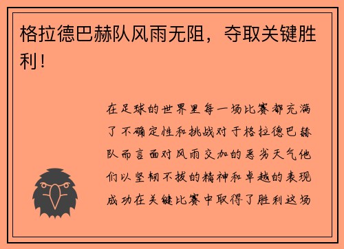 格拉德巴赫队风雨无阻，夺取关键胜利！