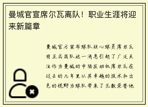 曼城官宣席尔瓦离队！职业生涯将迎来新篇章